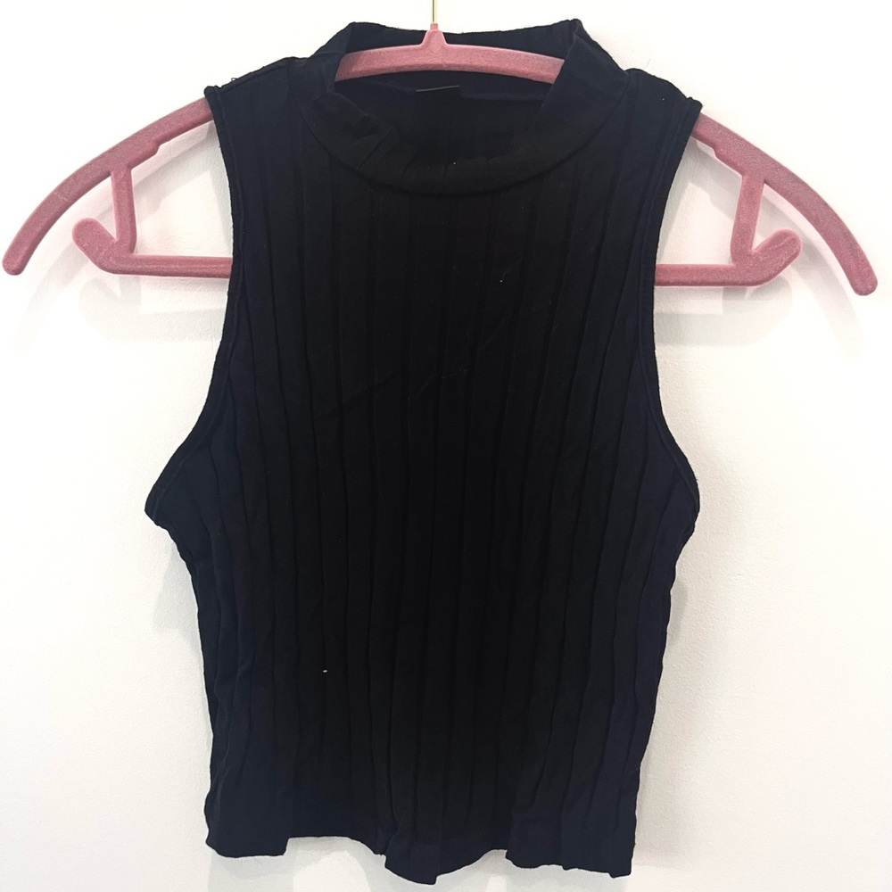 SHEIN Black Ribbed Crop Tank Top with Mandarin Collar
